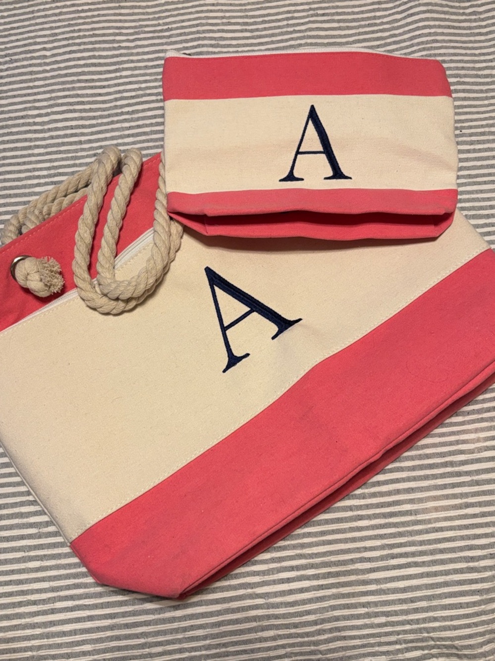 Canvas Tote and Pouch in Coral and Cream with Navy Monogram